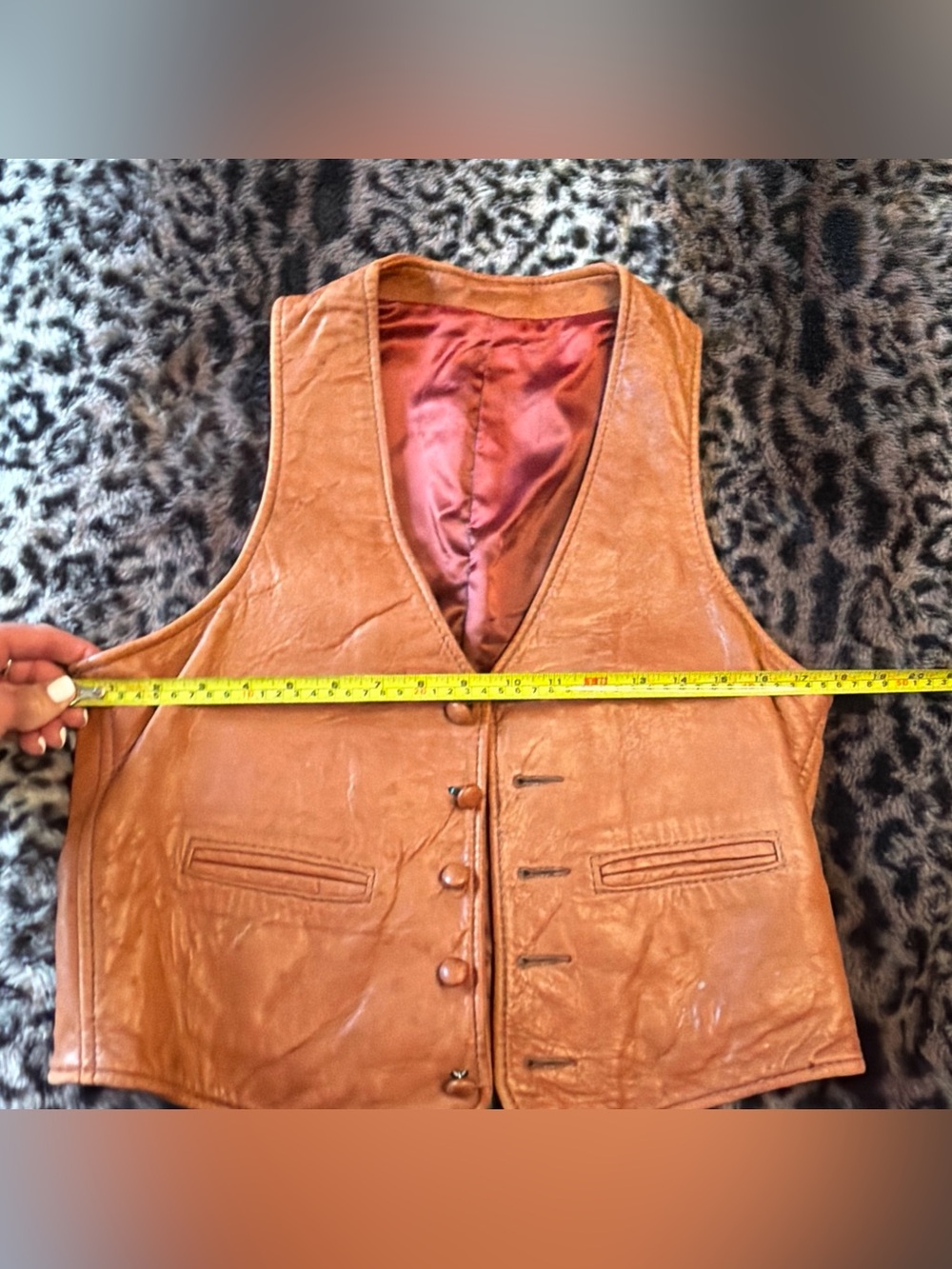 Brown Leather 5 Button Vest beautiful RARE Auburn SATIN lined Leather Vintage - Picture 10 of 14